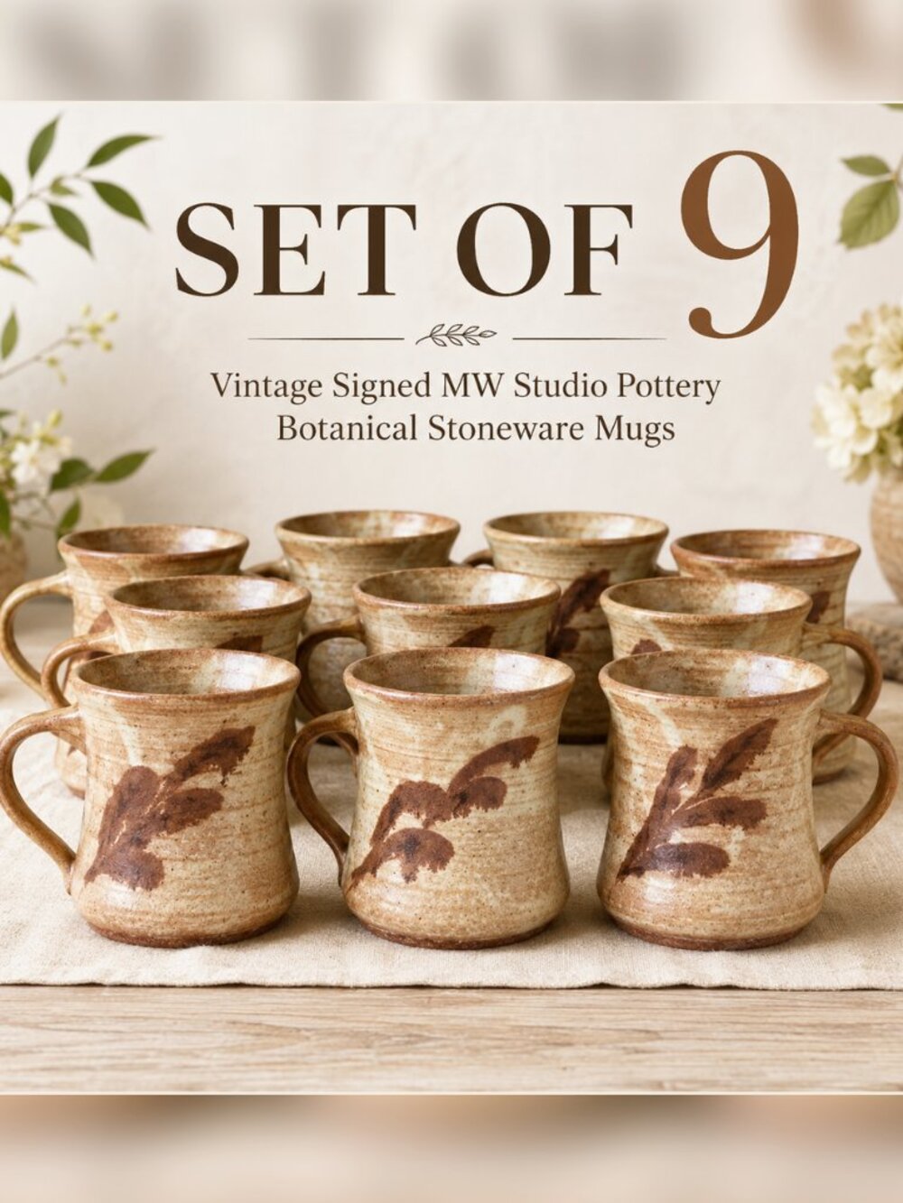 Set of 9 Vintage Signed MW Studio Pottery Botanical Stoneware Mugs